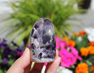 Chevron Amethyst Free Form, Polished Palm Stone Chevron Amethyst White Quartz 