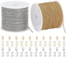 2 Rolls Total 65.6 Feet Oval Cable Chain for Jewelry Making Gold & Silver Stainl