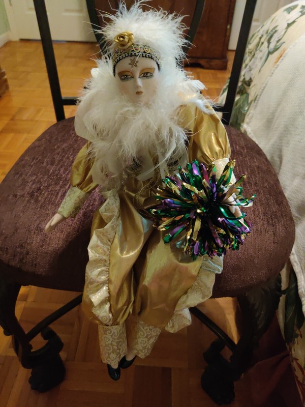 Vintage Harlequin Clown Mardi Gras Jester Porcelain Doll with White Feathers 16"