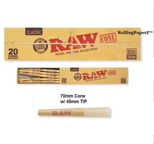 BOX of 20 RAW Single Size 70/45 Pre Rolled Cones includes Foldable Funnel Filler
