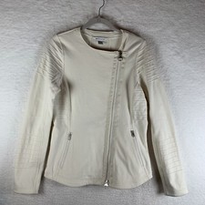 Athleta Moto Jacket Women Medium Beige Stretch Fleece Asymmetrical Full Zip 7756