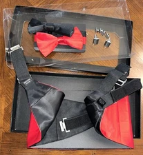 NWOT Vesuvio Napoli Silk Reversible Cummerbund 2 BowTies Red Black Cufflinks Box
