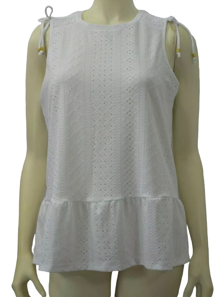 Michael Kors Women’s Size Small Ruched Shoulder Eyelet White Top Shirt