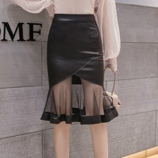 Women Skirt Faux Leather Mesh Fishtail Ruffle Frilly Midi High Waist Sexy Skirt
