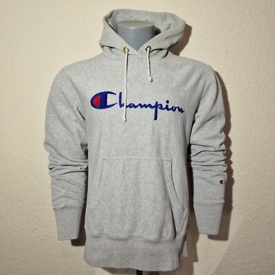 Champion Reverse Weave Hoodie Grau Herren L Schriftzug Logo Sweatshirt USA