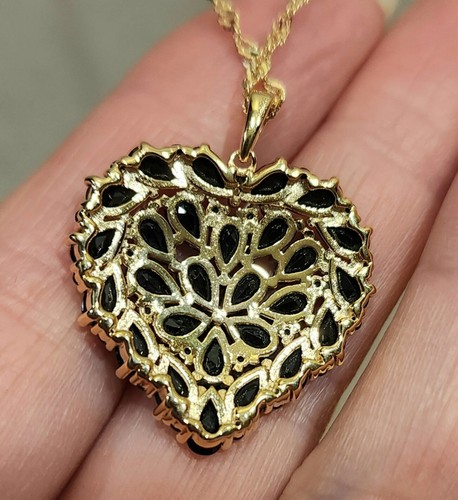 Heart Pendant Black Spinel 18K Yellow Gold Over Sterling Silver 925, 18" Chain - Picture 3 of 6
