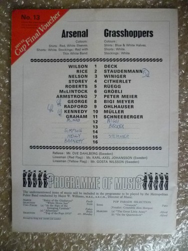 1971/72 European Cup Arsenal v Grasshoppers 2nd Round 2nd Leg - 3rd November - Picture 2 of 2
