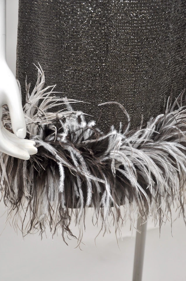 Vestido de fiesta vintage años 60 marrón plateado cojo sin mangas mod ribete de plumas Foto 3 de 4