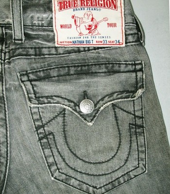 *HOT USA Men TRUE RELIGION NATHAN BIG T STRAIGHT GRAY Jeans 33 x34 (Fit 34x32.5)