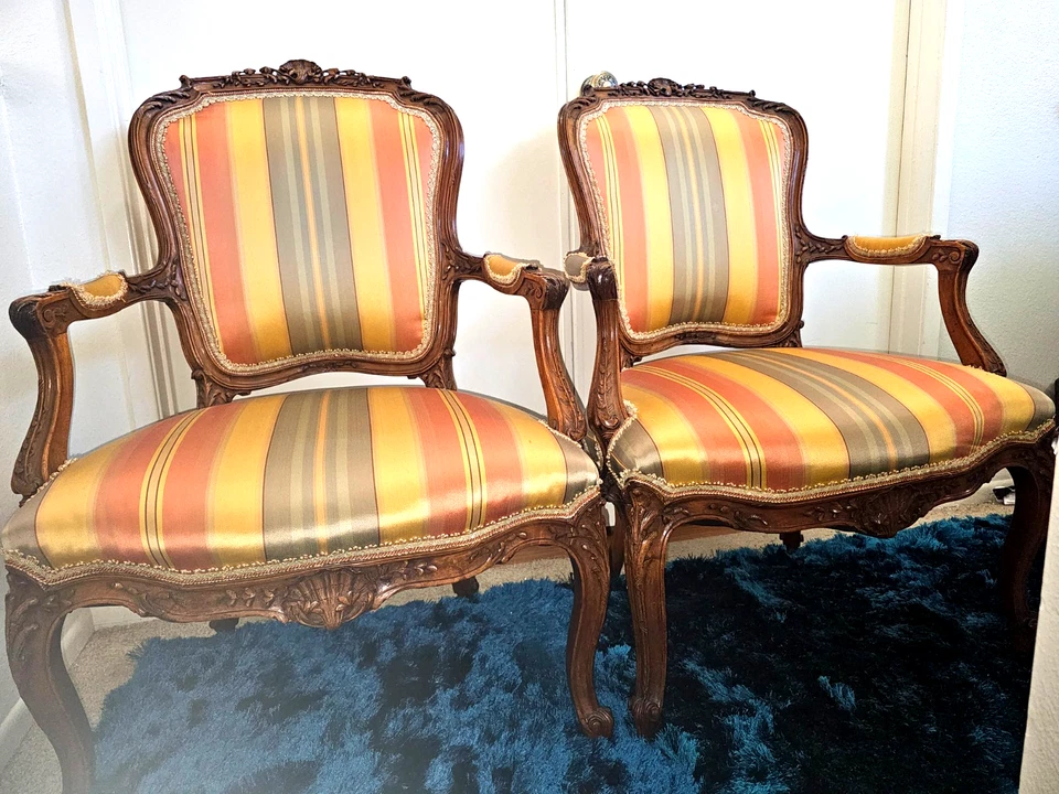 Pair of Louis XVI Style Carved Walnut Fauteuils Arm Chairs  - Image 2 of 4