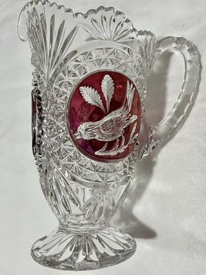Hofbauer Red Bird Lead Crystal Pitcher Germany 7 In Tall Vintage