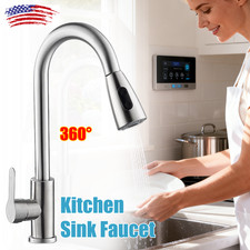 Kitchen Sink Faucet Brushed Nickel Single Handle Swivel Pull Down Sprayer Mixer