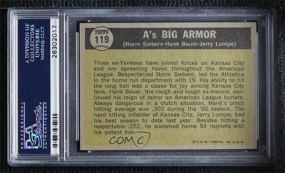 1961 Topps A's Big Armor ( ) Norm Siebern Hank Bauer Jerry Lumpe #119 PSA 6 - Image 2 of 2