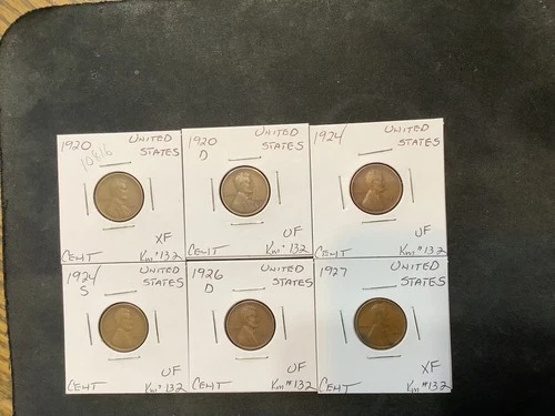 United States 1920-1927 Lincoln Cent VF/XF (Early Dates) 6 Coin Lot.  10816
