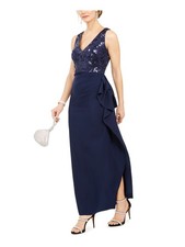 VINCE CAMUTO Womens Navy Sequined Side-Slitted Sleeveless V Neck Formal Dress 4
