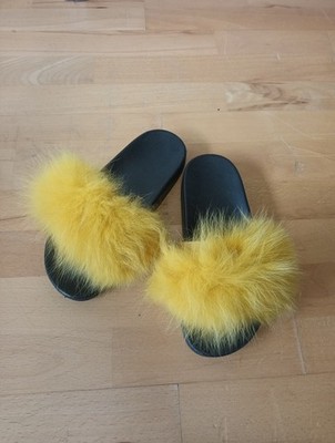 Damen Echtfell Schlappen Gummi Kaninchen Schwarz/Senfgelb Gr. 38