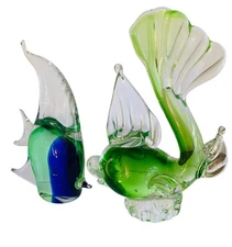 Blown Glass Fish Paperweight Set of 2 Blue Green Art Glass Hand Blown