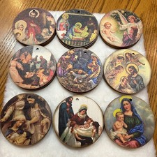 Set of 9 Round Wooden Christmas Ornaments Religious Nativity Scene Art Decor