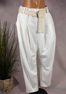 Soft Jogger Pants Womens Belted Deep Crotch Elastic New WHITE