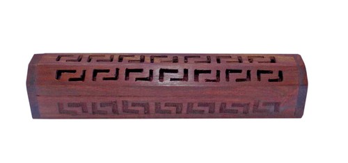 Wooden Carved Coffin Incense Burner Cone Holder Box 12" Hand Carved Brass Inlay - 第 6/11 張圖片