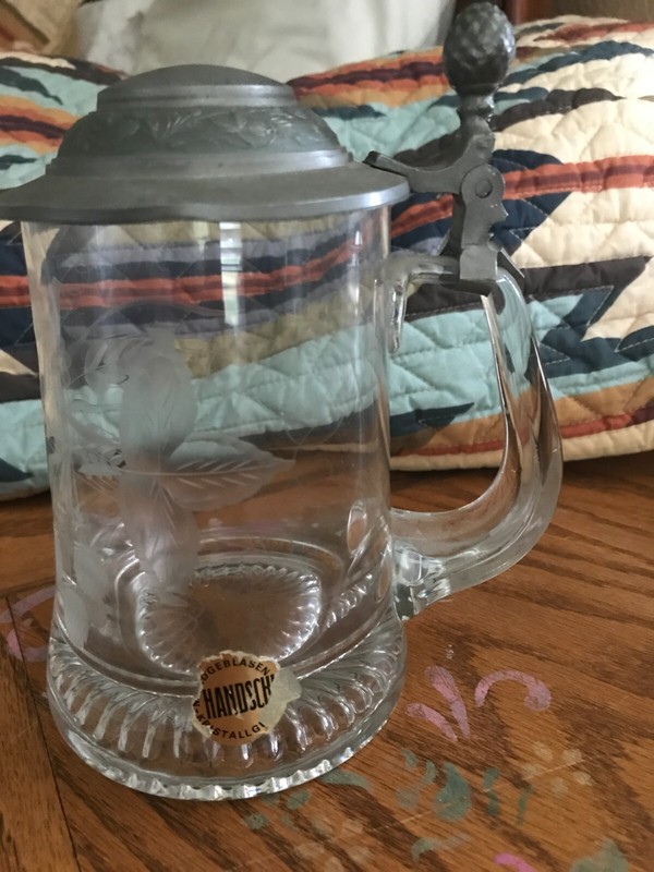 Vintage Beer Stein Etched Crystal Tankard w/Pewter Lid Kristallglas Mundgeblasen