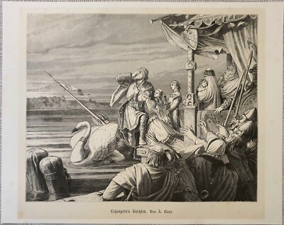 Chromolithographie Sepia Lohengrin Rhein 1886 Bild Kunstdruck Stich Antik