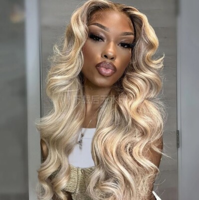 Brown Roots Highlight Blond Pre Plucked 180% Density Lace Frontal Human Hair