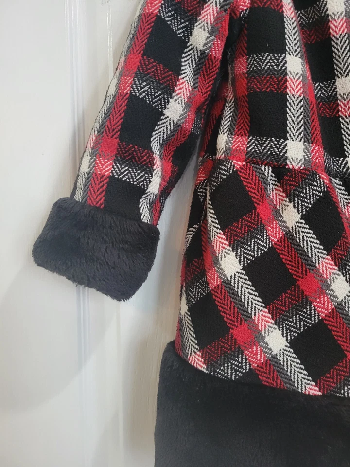 Chaqueta a Cuadros Penelope Mack Abrigo Guisante Niñas Talla 5/6 Rojo Negro Piel Sintética Borde Forrado Foto 3 de 4