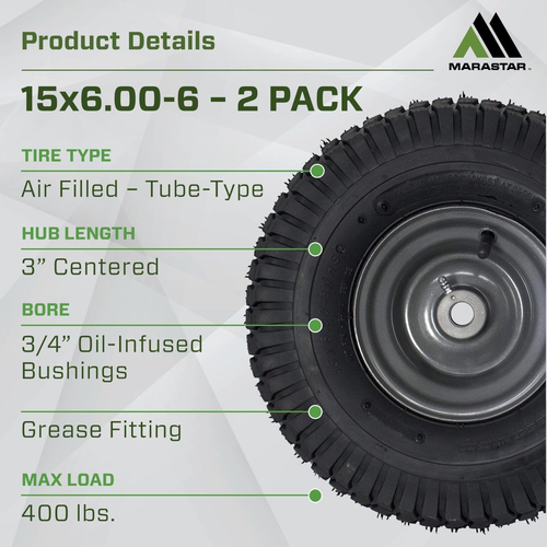 21446-2PK 15X6.00-6 Tire and Wheel Assembly, Pneumatic Replacement Lawn Mower Fr - Picture 2 of 12