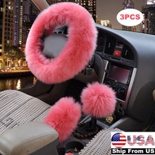 3pcs Car Steering Wheel Cover Furry Fluffy Universal Fur Wool Thick Pink 15 In