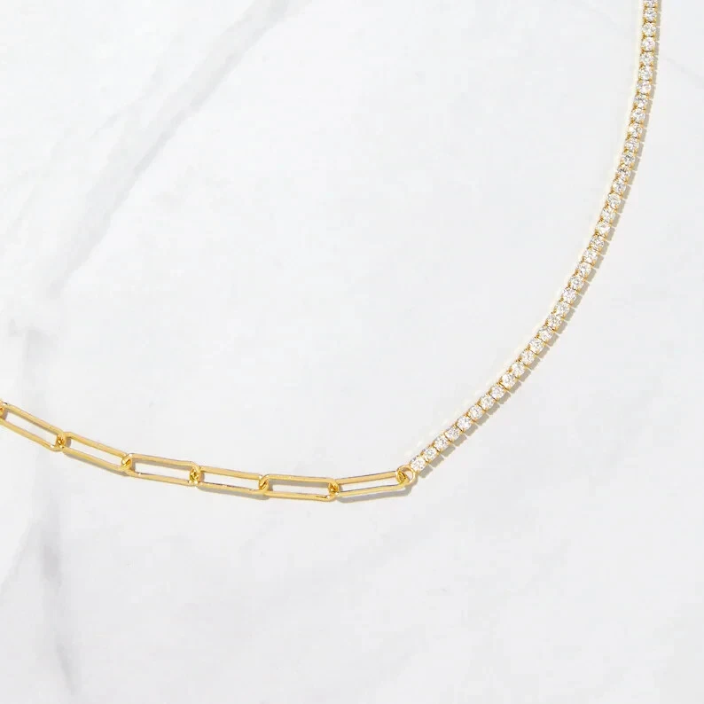 Collar de plata medio tenis medio clip para mujer corte redondo diamante simulado Foto 3 de 4