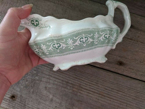 Antique Green John Maddock Transferware Gravy Boat Jewel Pattern - Picture 6 of 8