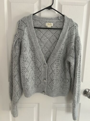 Anthropologie Maeve Knit Cardigan Rhinestone Buttons Sweater Light Gray Size S