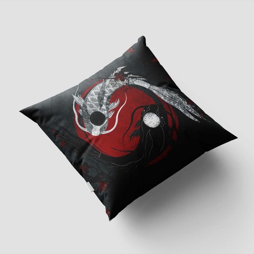 Yin Yang Koi Fish Pillow, Japanese Art Cushion, Red Black Throw Pillow, Anime - Picture 2 of 10