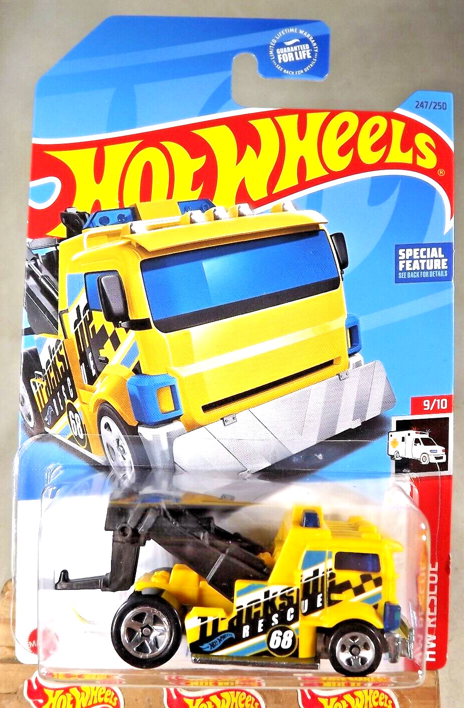 2023 Hot Wheels #247 HW Rescue 9/10 HEAVY HITCHER Yellow w/Chrome 5 Spoke Wheels