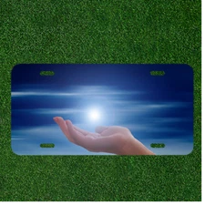 Custom Personalized License Plate Auto Tag With Hand Holding Sun In Sky Design