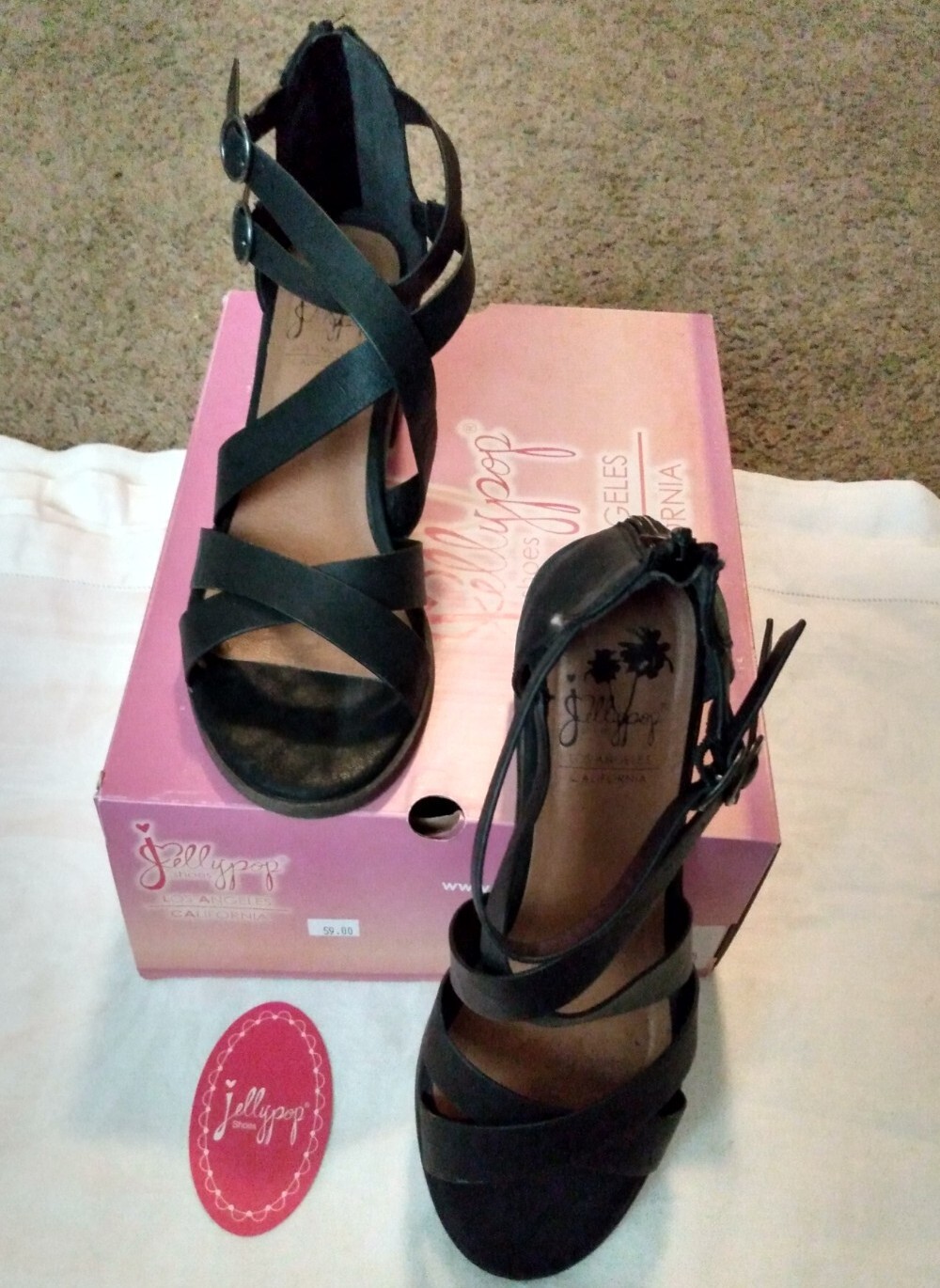 Jellypop Shoes Black Smooth Katey Size 9.5 Sandals 2.5" Heels Ankle