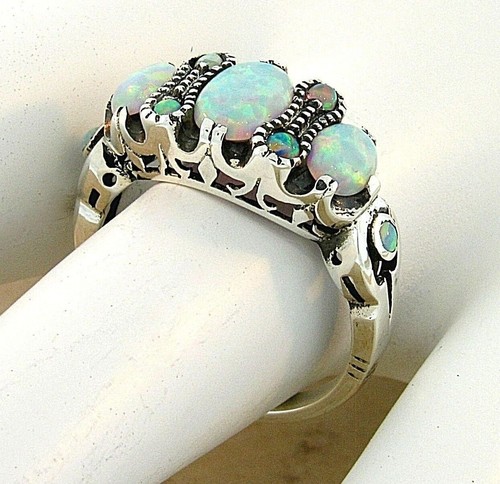 VICTORIAN STYLE 925 SOLID STERLING SILVER LAB-CREATED OPAL FILIGREE RING 143X - Picture 2 of 4