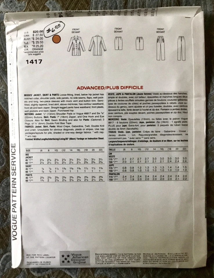 Vogue Designer Anne Klein 1417 Pattern - Long Jacket Skirt Pants Sz 12-14-16 UC - Image 2 of 3
