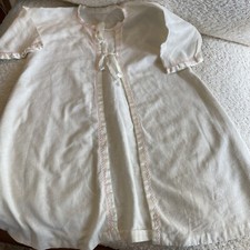 Vintage Newborn White Linen Embroidered Pink Baby Dressing Gown Ribbon Ties