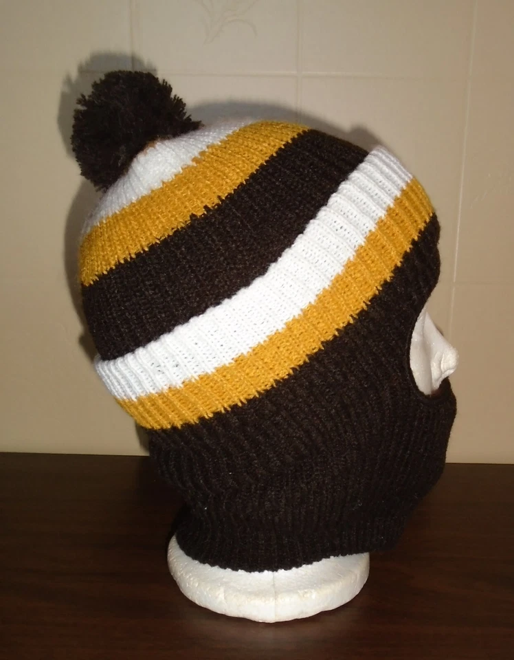 Sombrero de invierno tejido de colección para niños de los años 70 toque pompón protector de barbilla marrón con rayas Nuevo de Lote Antiguo Foto 4 de 4