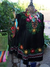 NWT~$285~ROJA Western Velvet Blue Bird Folk Art Embroidered Boho Fiesta Tunic~S