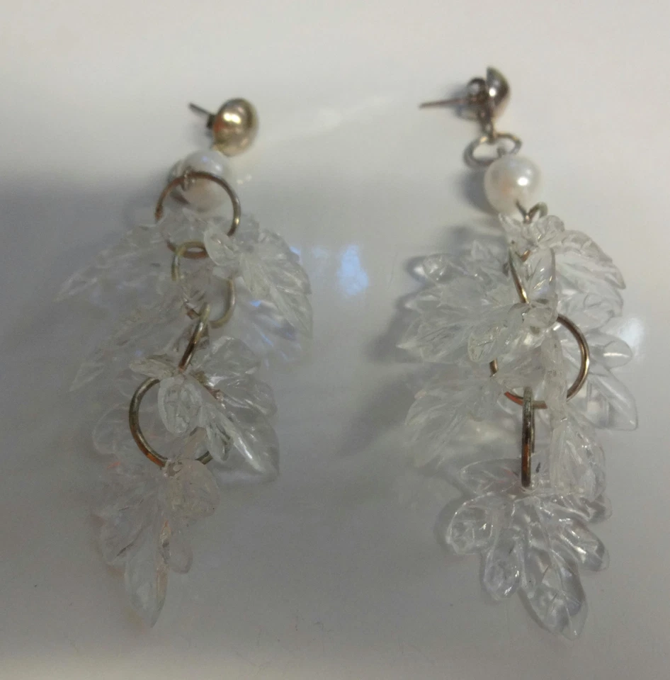 Pendientes Colgantes De Colección Alta Costura Larga Moda Transparente Lucita Esmerilada Hoja de Hielo Foto 4 de 4