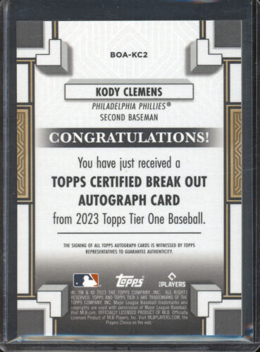 2023 Topps Tier One - Break Out Autographs #BOA-KC2 Kody Clemens /299 - Picture 2 of 2