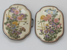 Antique Meiji-period Japanese Satsuma Painted Peony floral Pr buckles Signed