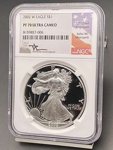 2002-W Proof American Silver Eagle NGC PF 70 Ultra Cameo Mercanti Signature