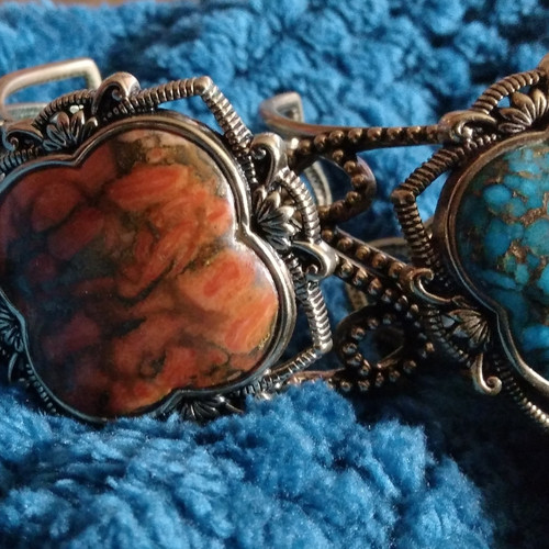 2 Barse Silver Tone Adj Cuff Bracelet w/ Blue Clover Turquoise & Orange Cuff