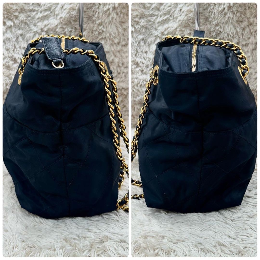 PRADA Chain Shoulder Bag Quilted Triangle Logo Navy thumbnail 6