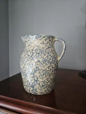  2 Qt Robinson Ransbottom Roseville Stoneware Pitcher Blue Spatter Spongeware