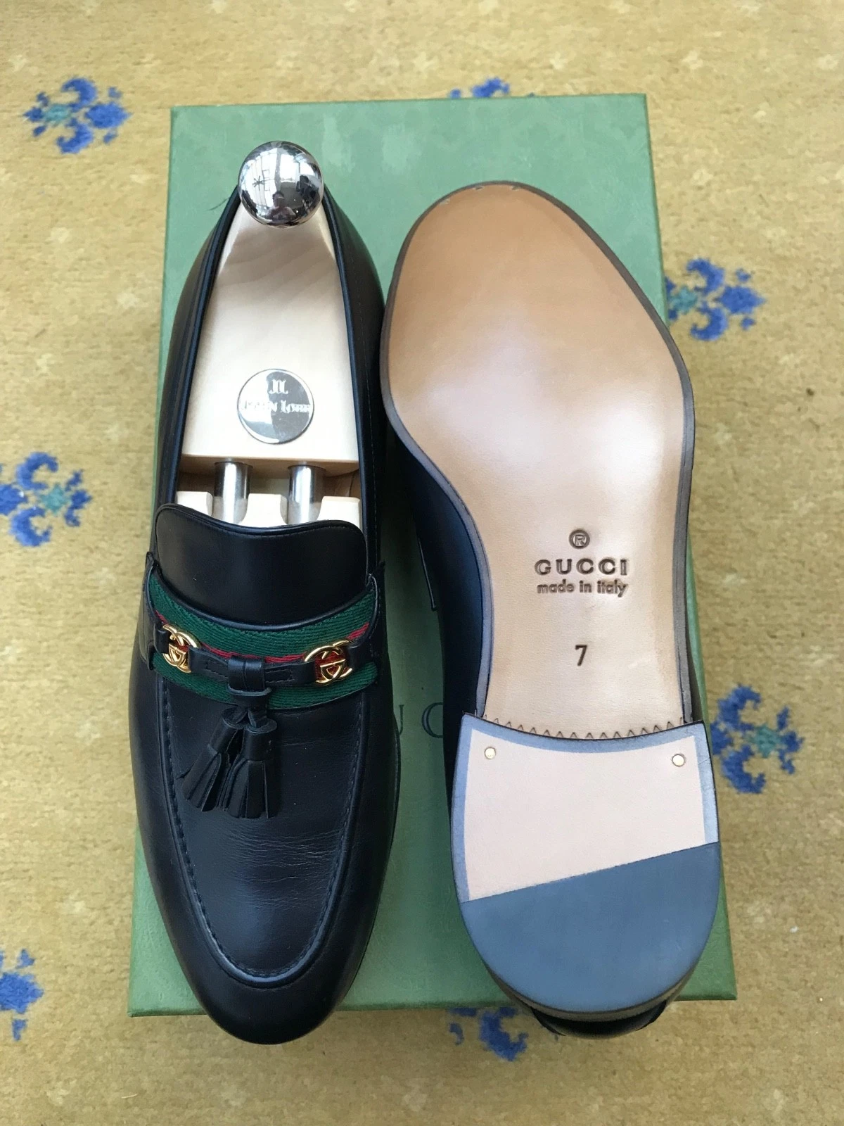 Gucci Loafers Tassel Shoes Paride Black Leather Web Green Red Mens UK 7 US 8 41